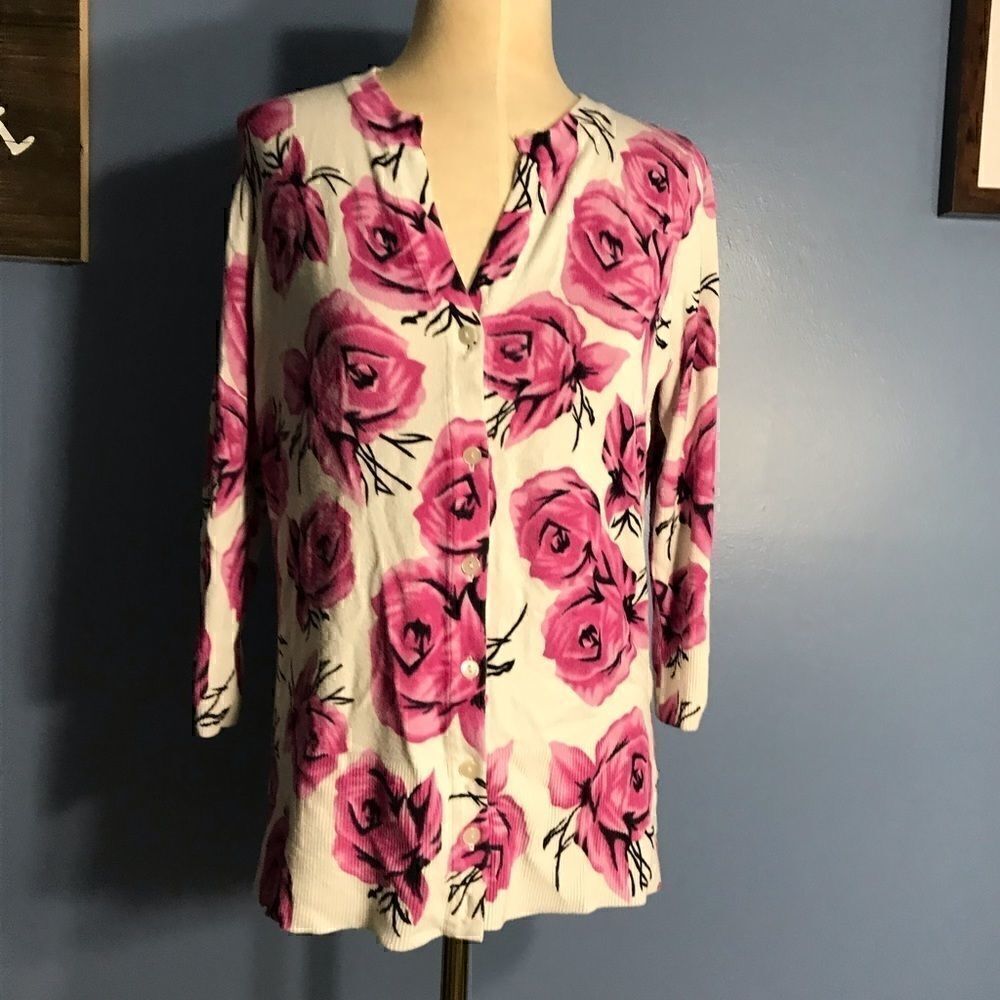 Cyrus Gorgeous White & Pink Floral Button Cardigan - M